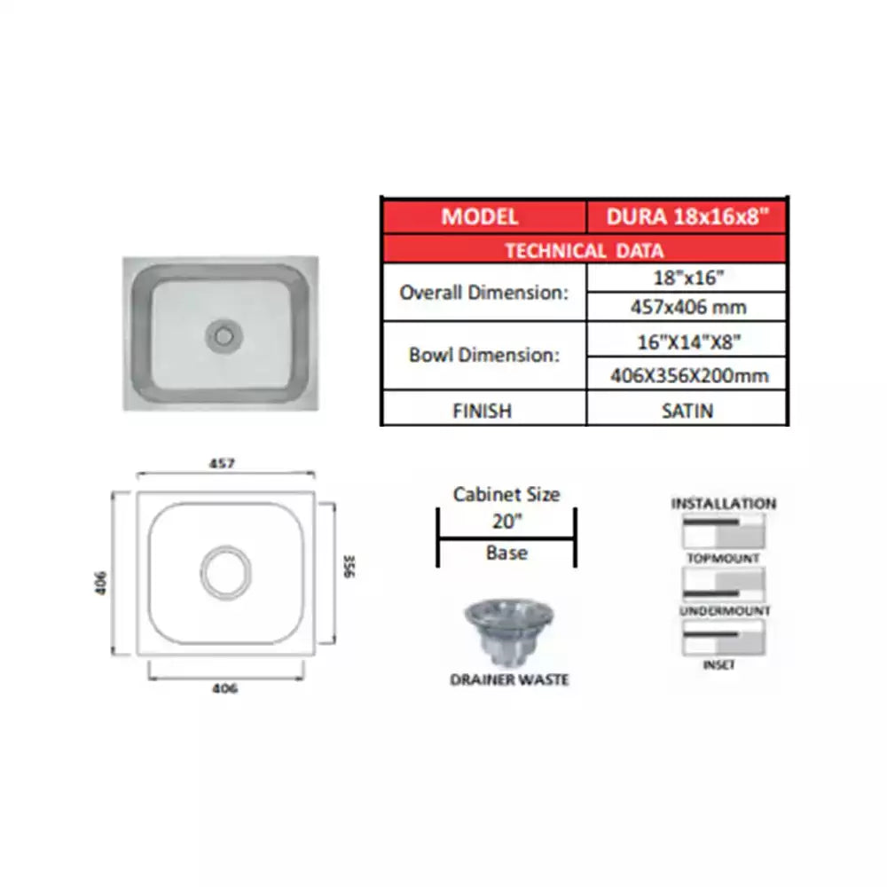 Futura SS Sink Size 18X16 Inch