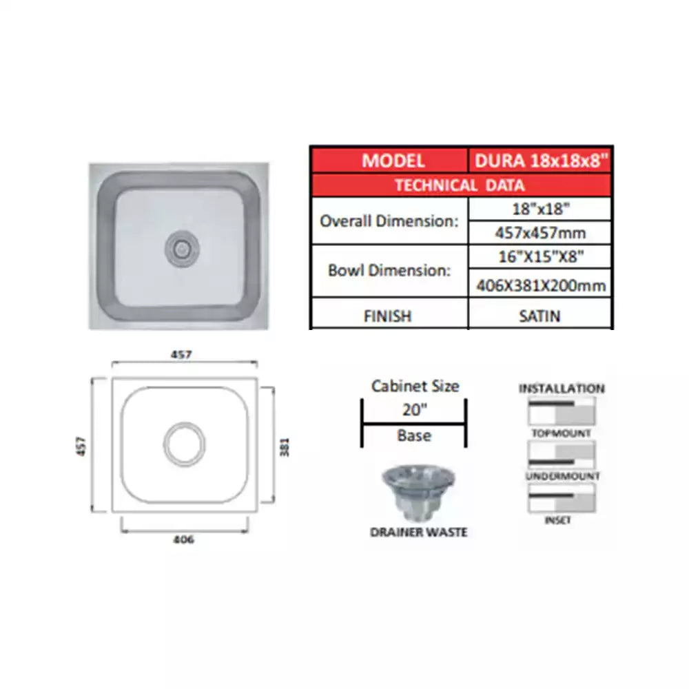 Futura SS Sink Size 18X18 Inch