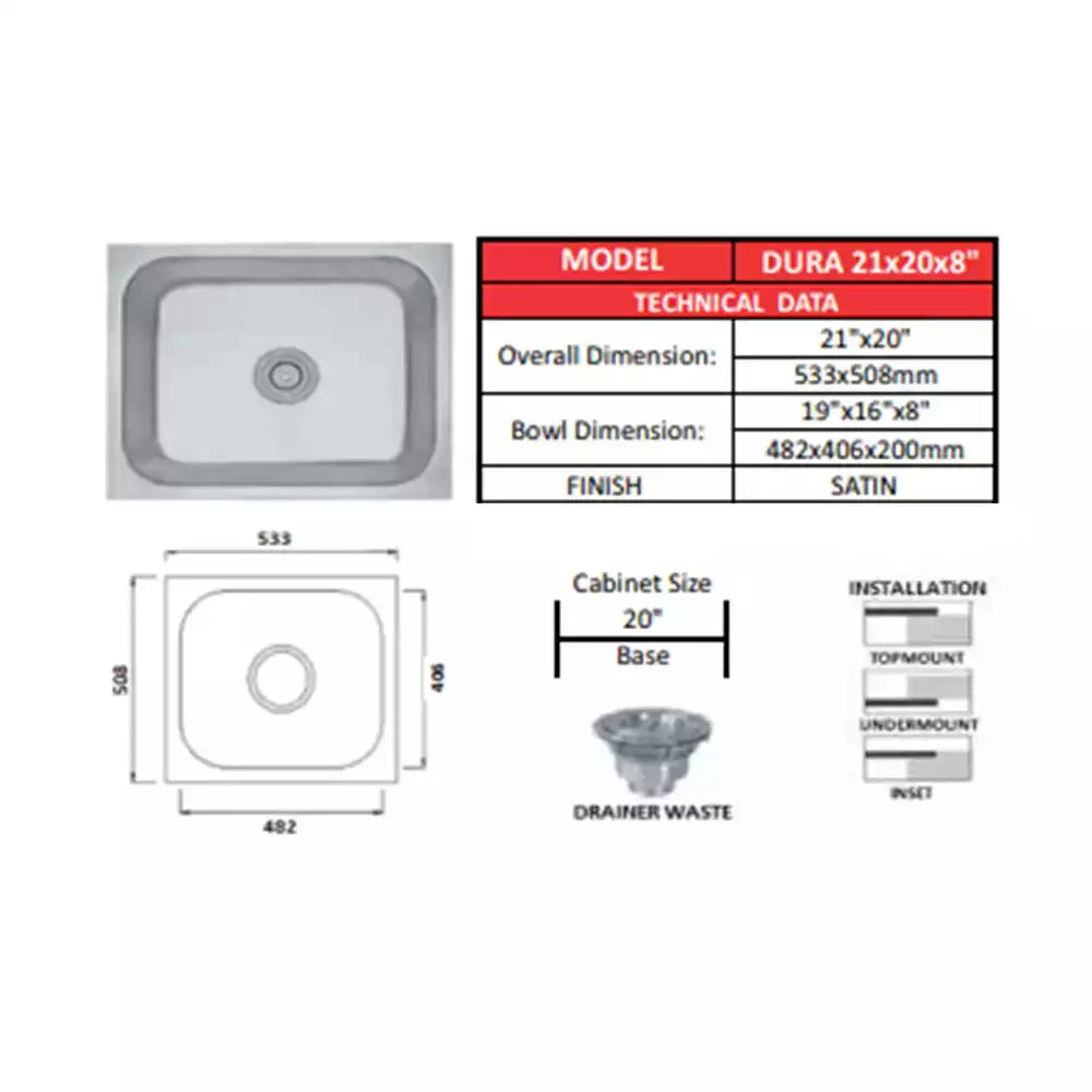 Futura SS Sink Size 21x20 Inch