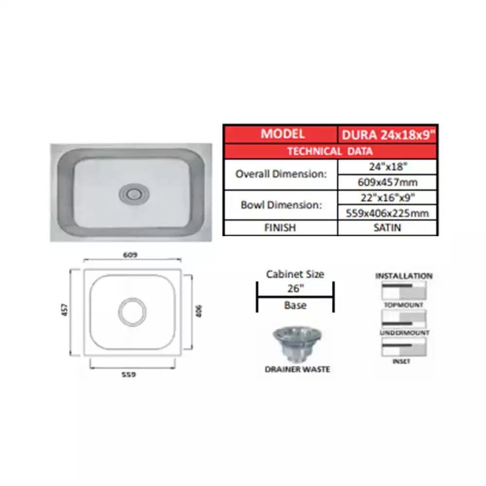Futura SS Sink Size 24x18x9 Inch