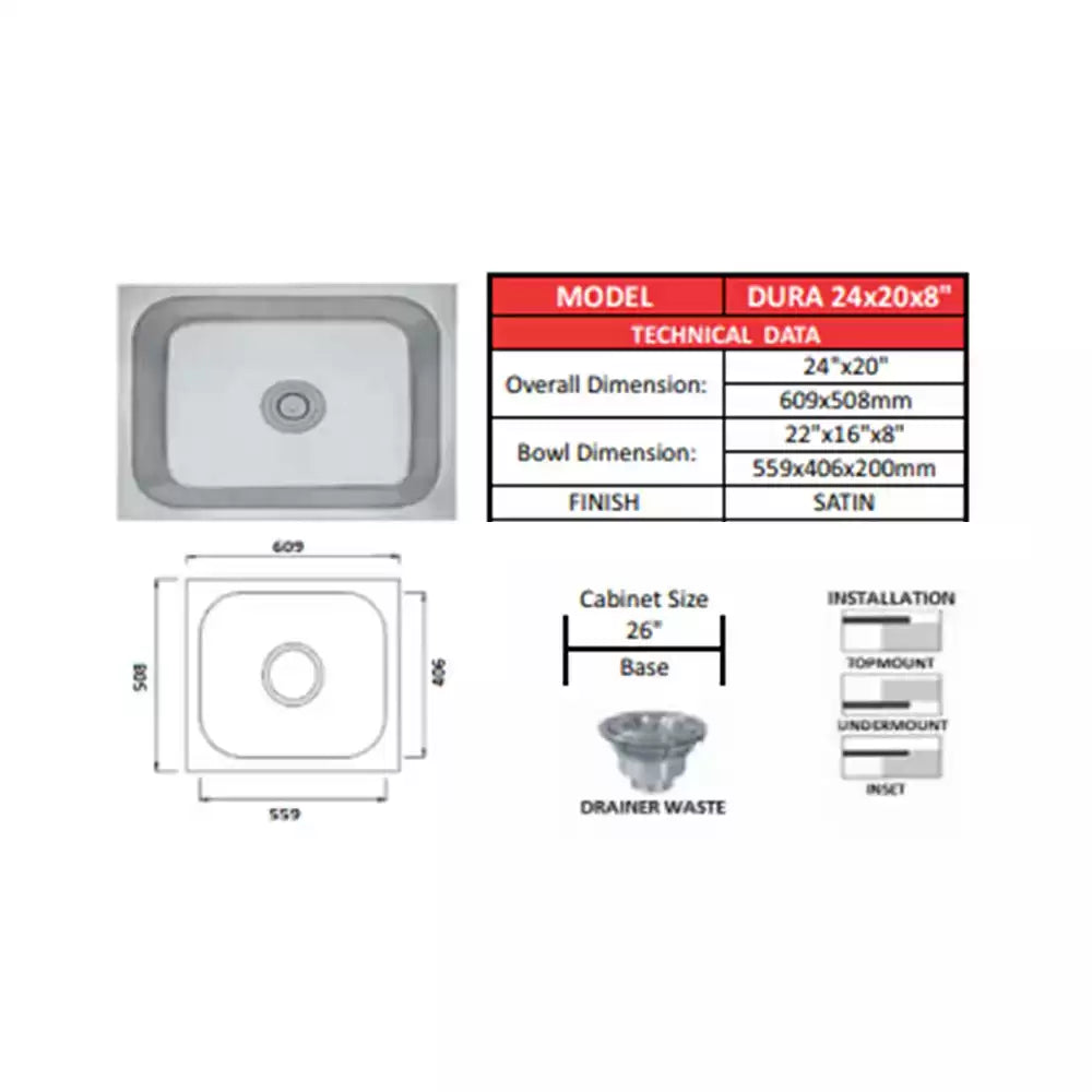 Futura SS Sink Size 24x20 Inch
