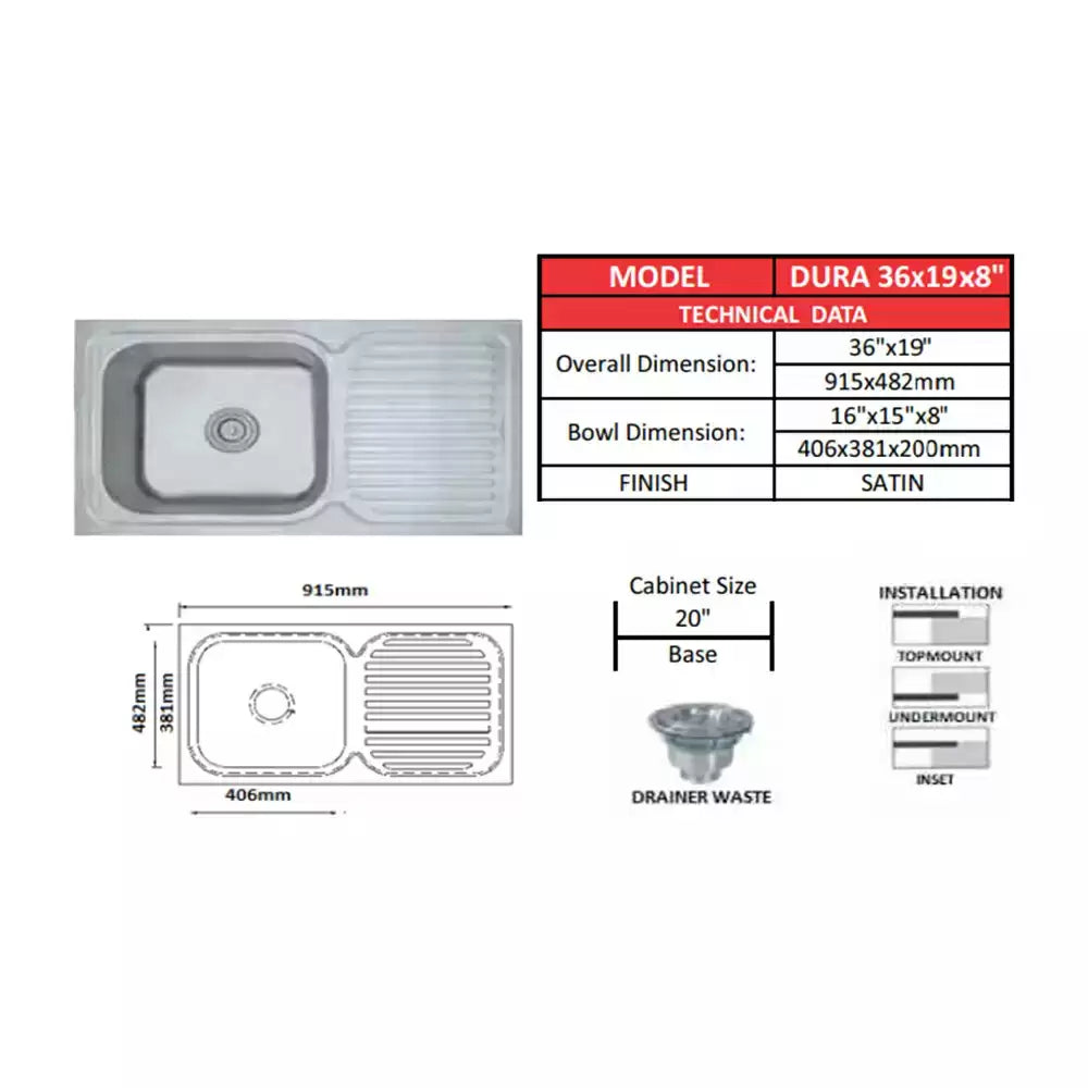 Futura SS Sink Size 36x19 Inch