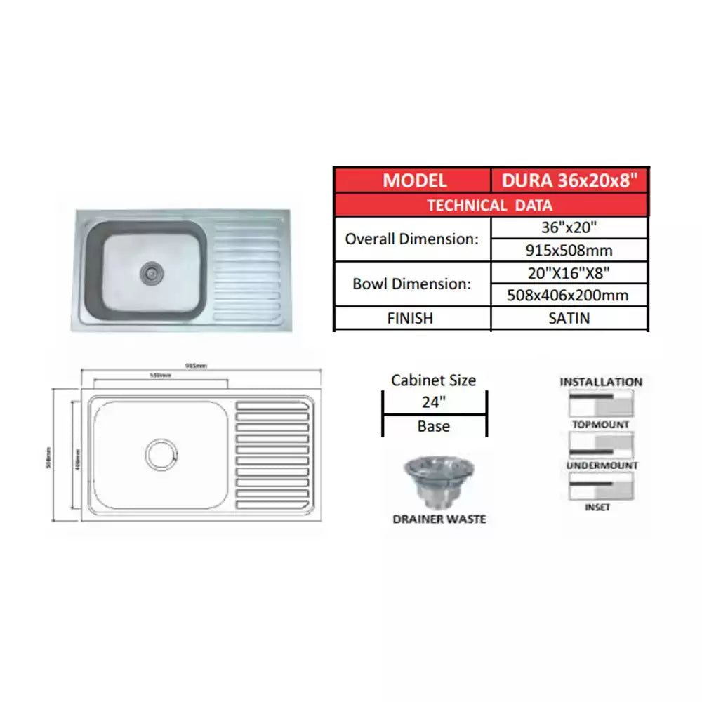 Futura SS Drain Broard Sink 36x20 Inch