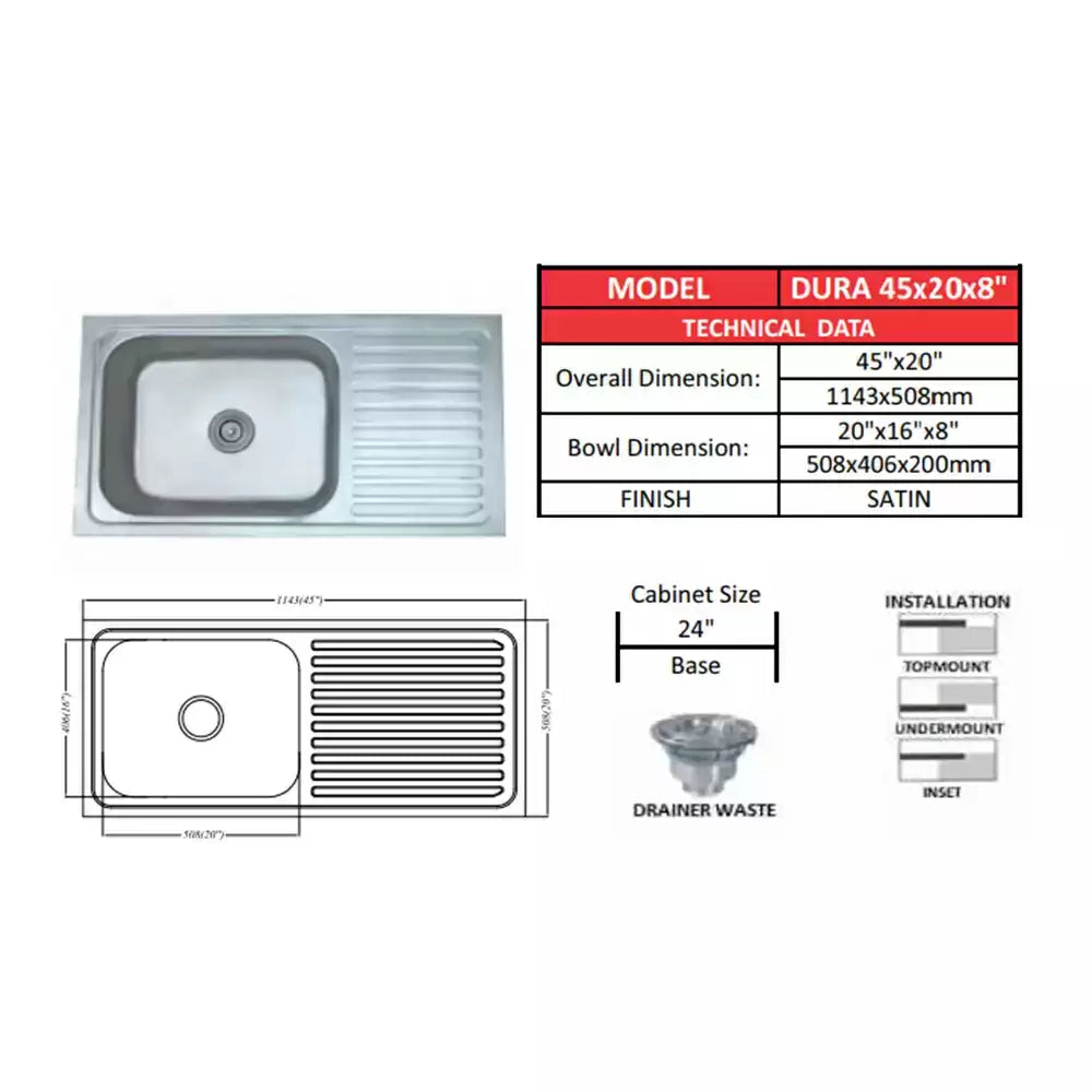 Futura SS Drain Broard Sink 45x20 Inch