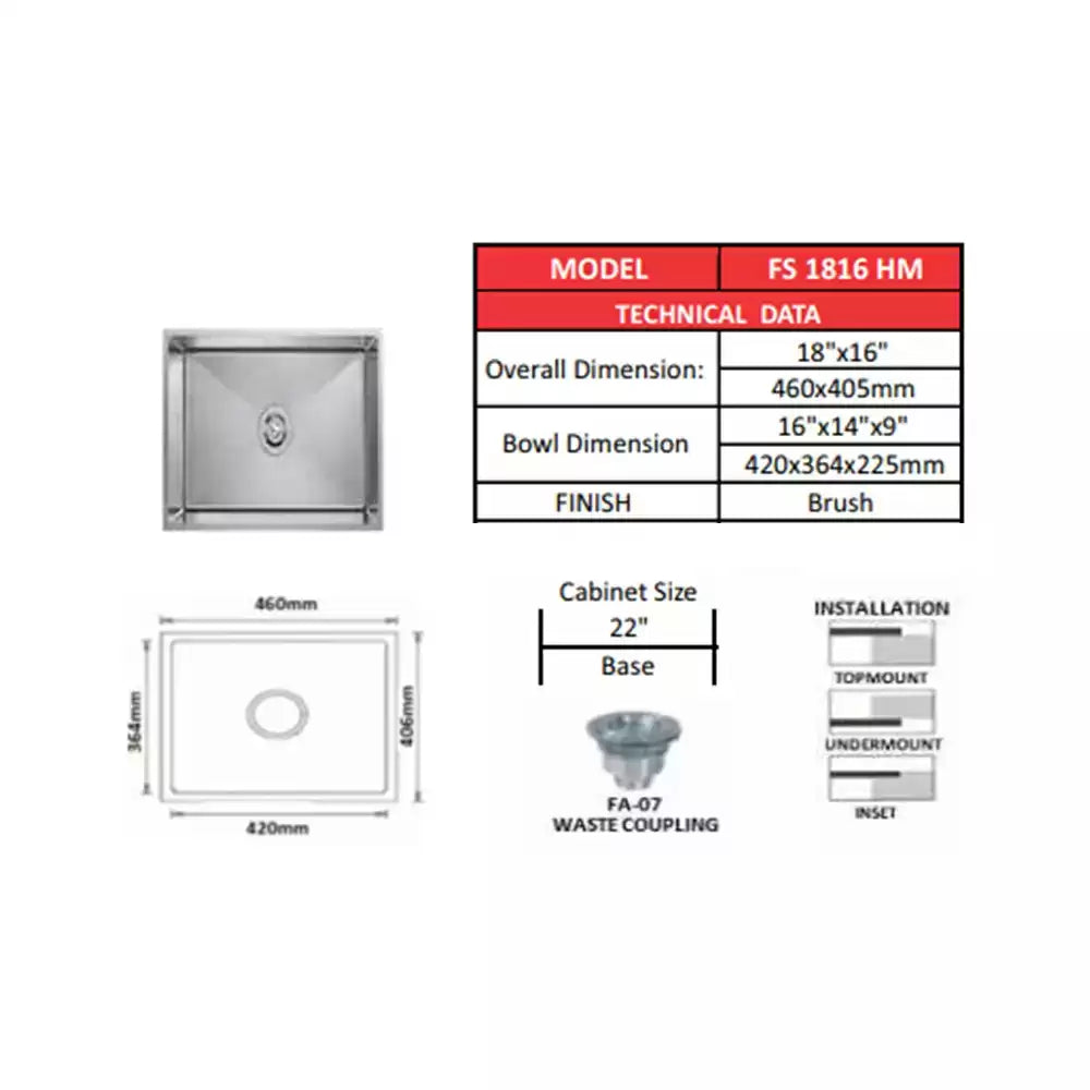 Futura SS Hand Carved Sink 18x16 Inch