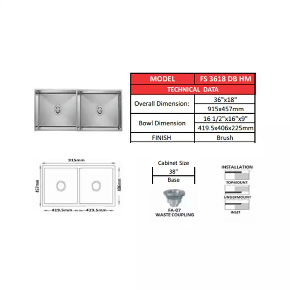 Futura SS Hand Carved Sink 36x18 Inch