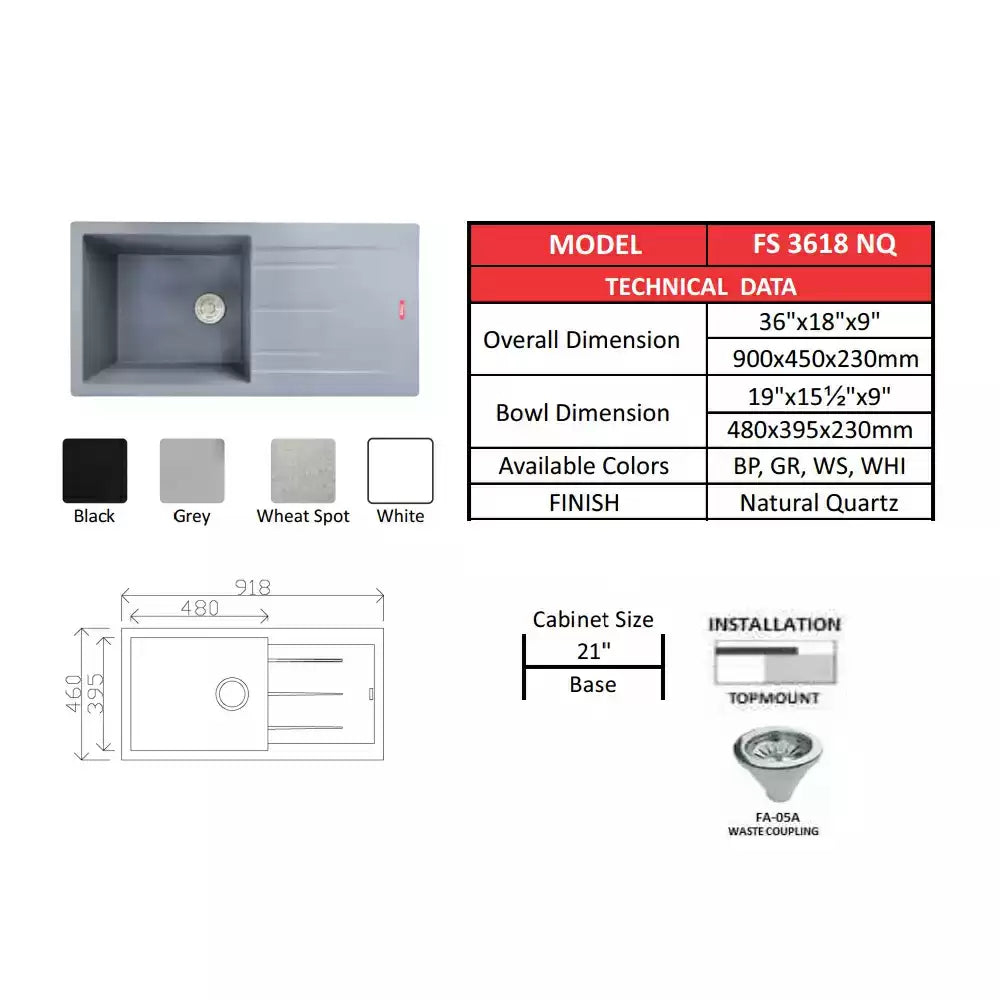 Futura Quartz Sink Size 36x18 Inch