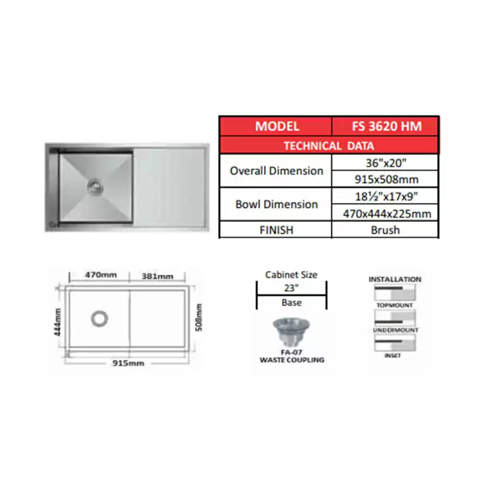 Futura SS Hand Carved  Sink 36x20 Inch