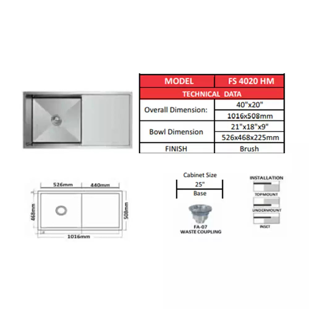 Futura SS Hand Carved Sink 40x20 Inch